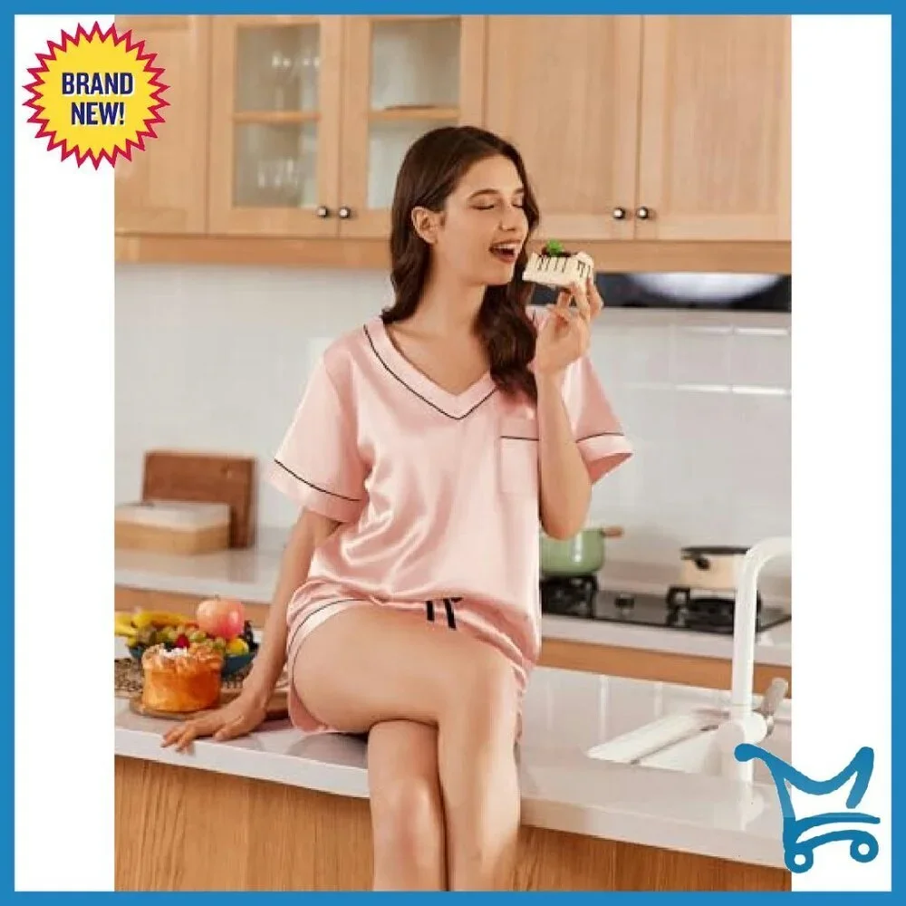 Silk Satin Pajama Set V-Neck Shorts Lounge Sleepwear S-XXL